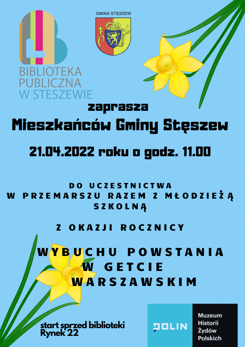 Na plakacie logo biblioteki i herb gminy Stęszew